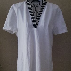 Tommy Hilfiger Women's White V-Neck Polo Shirt Black Accents Collared Sz MD $14